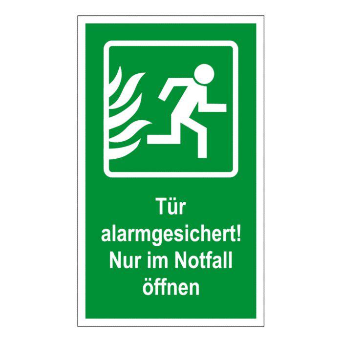 Fluchtwegzeichen "Tür alarmgesichert! Nur im Notfall öffnen" 10x20cm/20x40cm