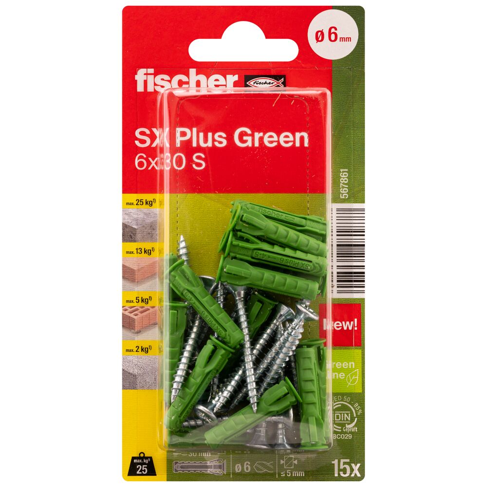 SX Plus Green expansion plug - Ø 5 to 12 mm - length 25 to 65 mm - with and without screw/hook - pack contents 3 to 90 pieces - price per PU