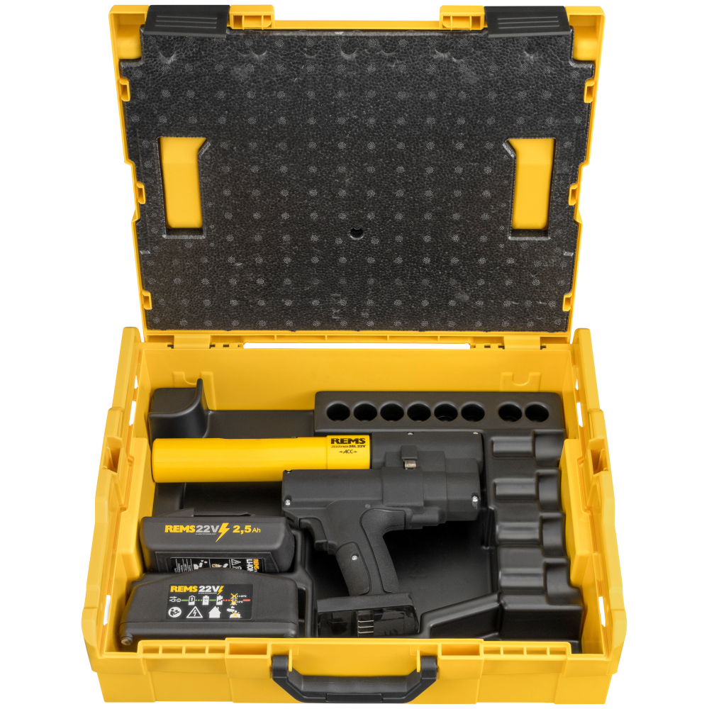 REMS Ax-Press 25 L 22V - Akkukäyttöinen aksiaalipuristin 13 kN - jopa Ø 40 mm - akulla ja laturilla tai ilman - L-Boxxissa