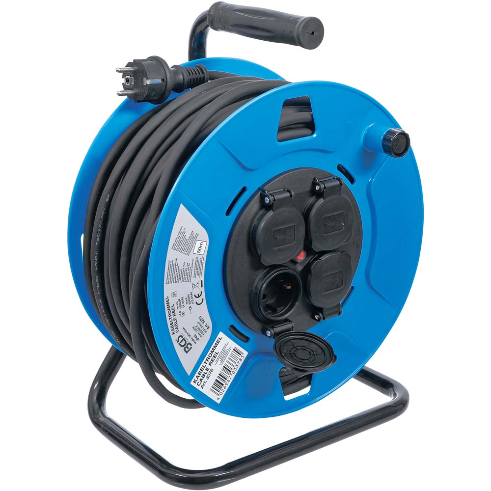 Kabeltrommel - 4 stikkontakter - lengde 15 til 50 m - effekt 3000 eller 3500 W