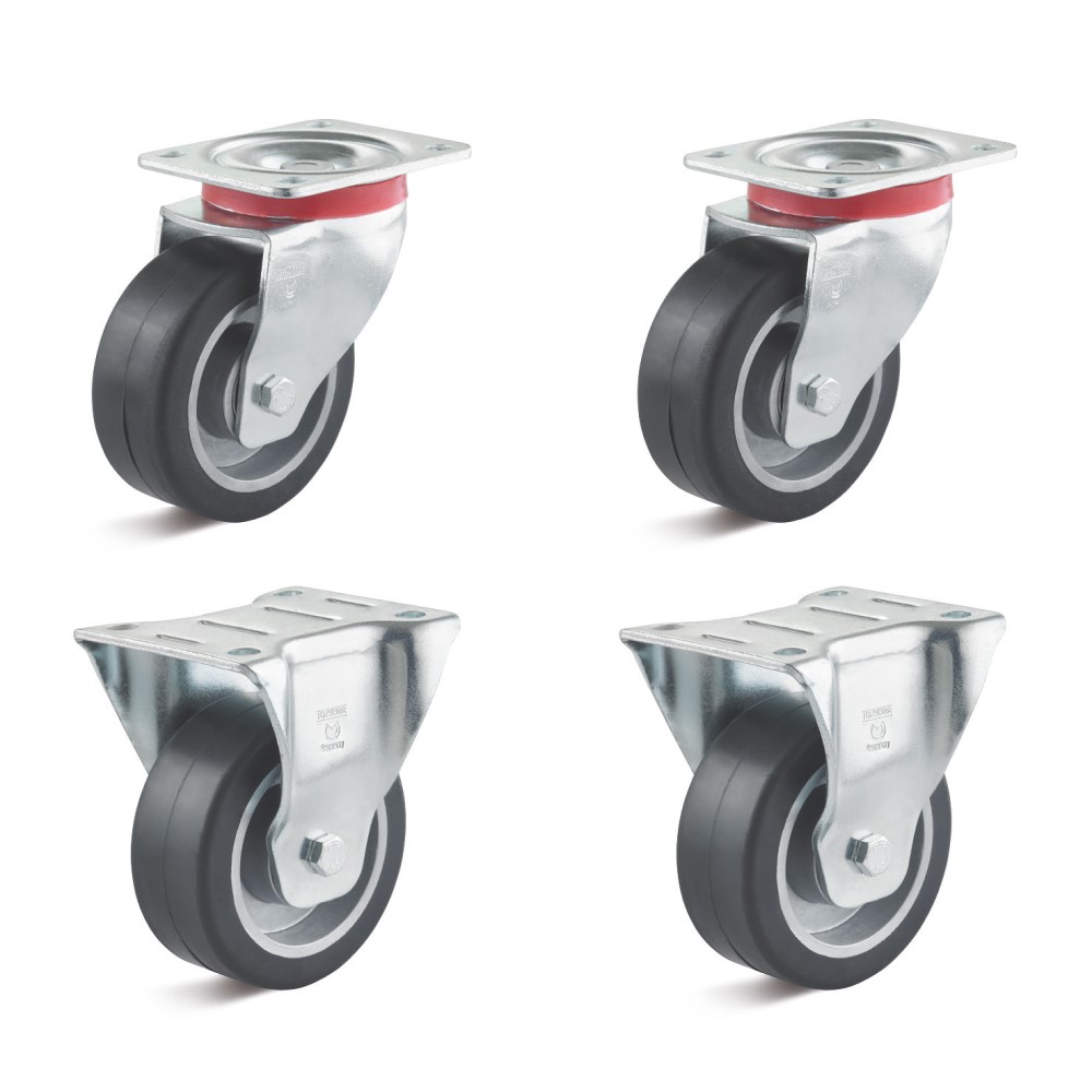 Castor set - 2 swivel and 2 fixed castors - wheel Ã˜ 80 to 100 mm - construction height 108 to 128 mm - load capacity / set 360 to 540 kg