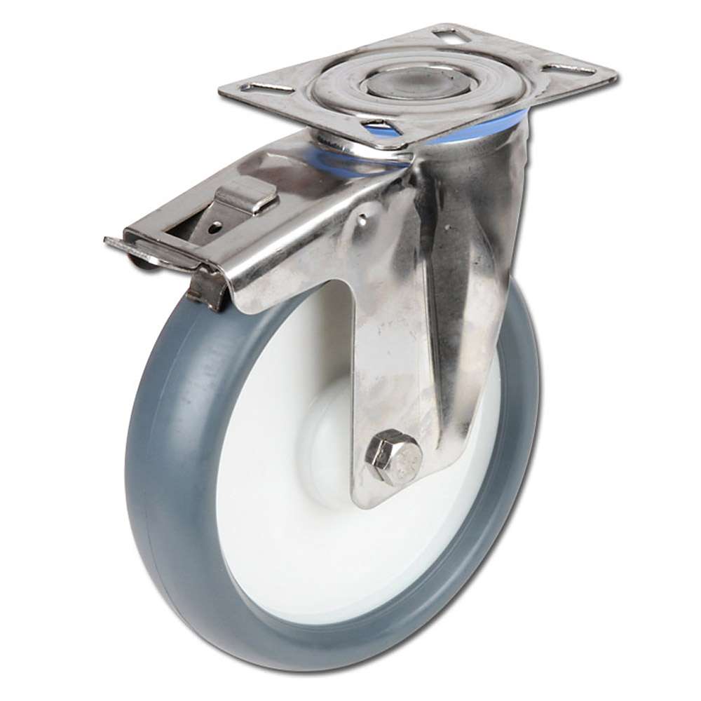 Zestaw kołowy skrętny ze stali nierdzewnej - koło z tworzywa termoplastycznego - Ř koła 80 do 200 mm - wysokość konstrukcyjna 108 do 240 mm - nośność 80 do 220 kg
