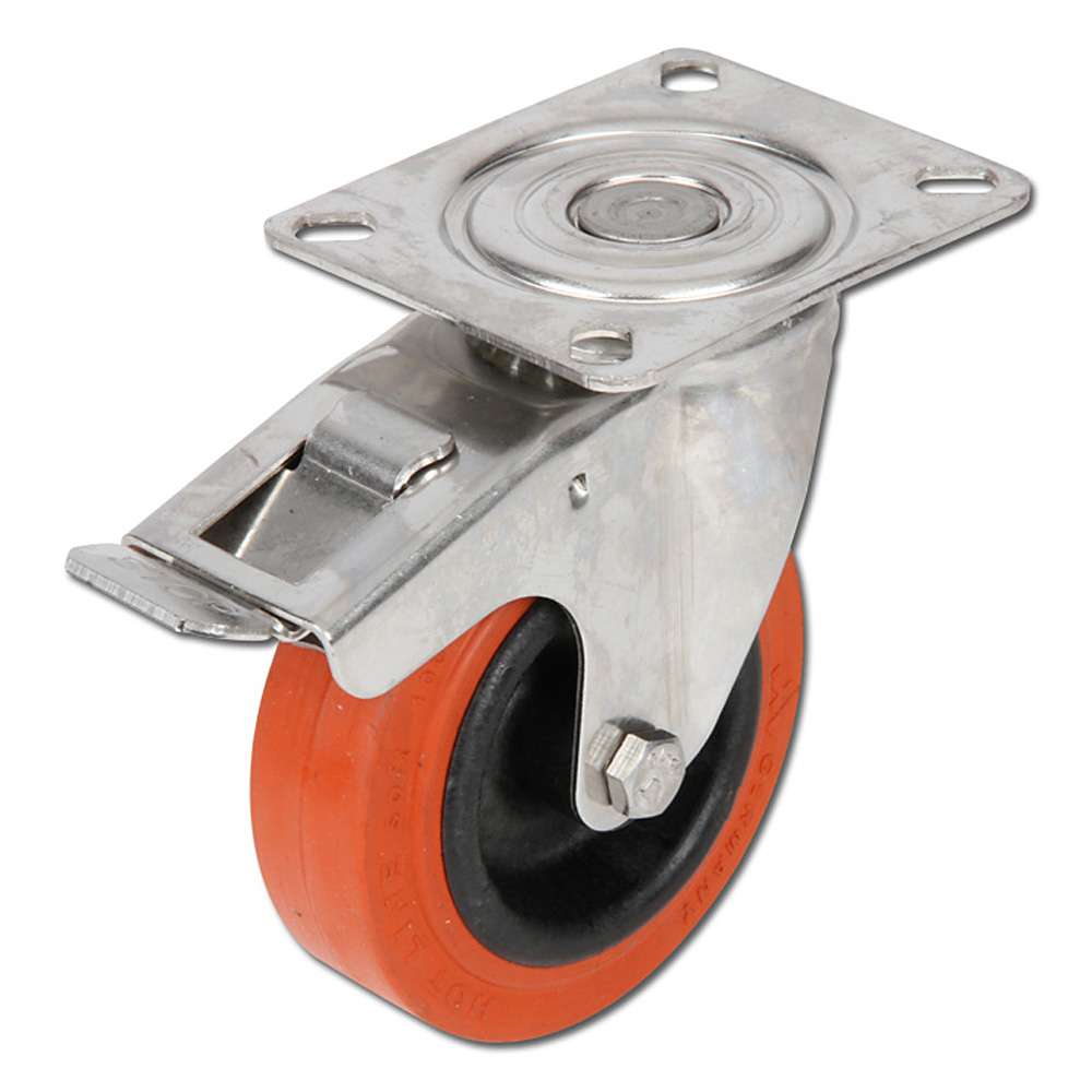 Drejeligt hjul i rustfrit stål - gummihjul - hjul Ø 100 til 125 mm - konstruktionshøjde 128 til 155 mm - belastningskapacitet 60 til 80 kg - varmebestandig.
