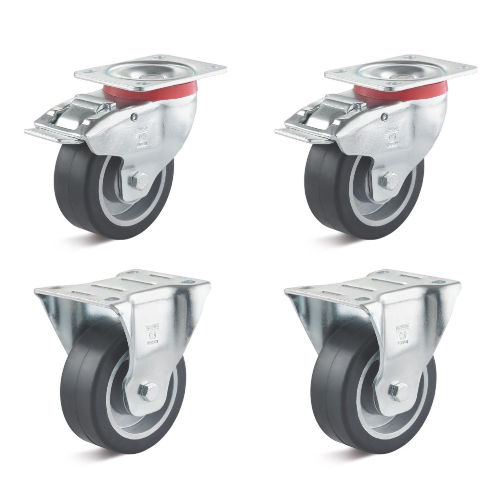 Set di ruote - 2 ruote orientabili e 2 fisse - ruote Ø da 80 a 100 mm - altezza di costruzione da 108 a 128 mm - capacità di carico / set da 360 a 540 kg