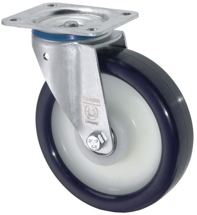 Drejeligt hjul - elastisk polyurethanhjul - hjul Ø 80 til 250 mm - konstruktionshøjde 100 til 290 mm - bæreevne 130 til 450 kg