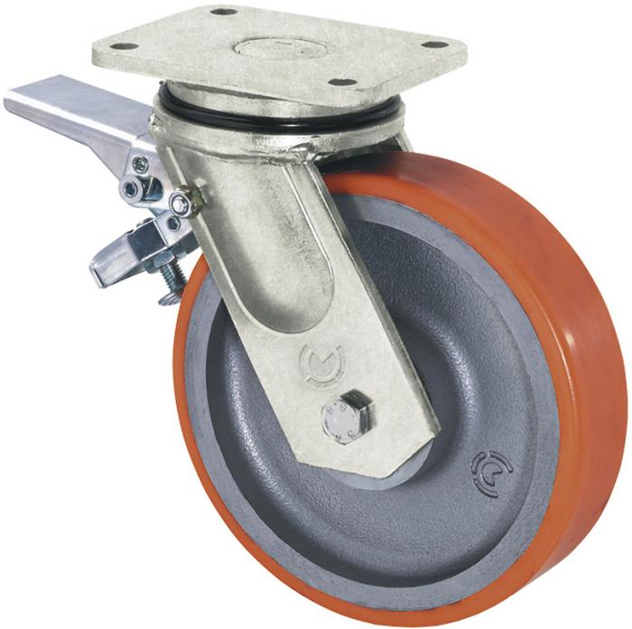 Roulette pivotante très résistante  - roue en polyuréthane - Ø de la roue 100 à 300 mm - hauteur totale 150 à 355 mm - capacité de charge 450 à 2100 kg