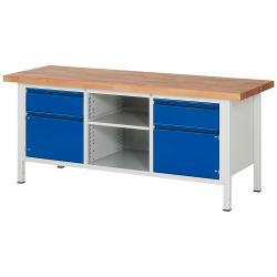 Workbench BASIC-8 series - model 8561 - width 2000 mm - surface load 1250 kg - 2 drawers + 2 doors + centre console with shelf - beech solid