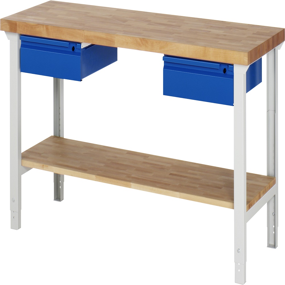 Workbench up to 750 kg - 40mm solid beech drawers + shelf - adjustable working h