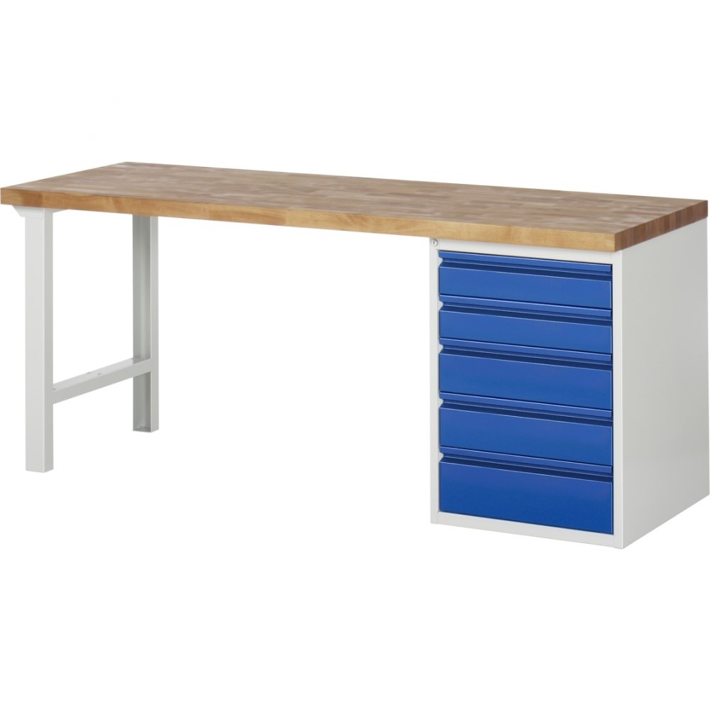 Workbench up to 1000kg - solid beech 40mm - 5 drawers