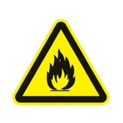 Restposten - Warn-Schild - "Warnung vor feuergfährlich Stoffen" - Schenkellänge 100 mm - PVC-Folie selbstklebend - nach DIN 67510