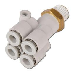 4-vägs instickskoppling KQ2UD - 4x slang Ø utvändig 6 mm - gänga 1/4", utvändig - upp till 10 bar - PBT-hus, POM-ringar