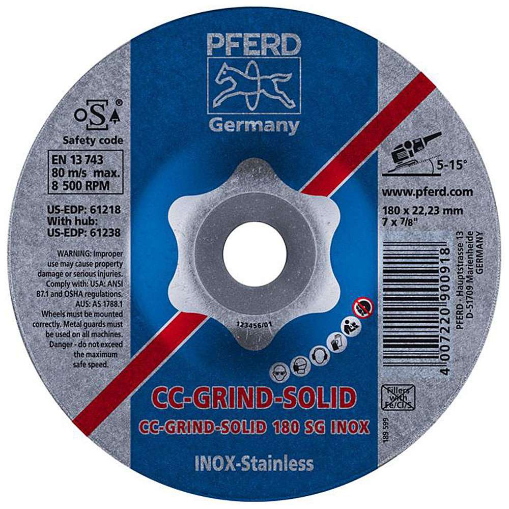 Grinding wheel - PFERD - CC-Grind®-SOLID - for INOX - integrated glass fiber carrier plate - pack of 10 - price per pack