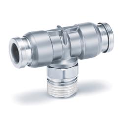 Złącze wtykowe T KQB2T – mosiądz/stal nierdzewna – z uszczelnieniem gwintowym – zewnętrzna średnica węża 3,2 do 16 mm – AG R 1/8" do 1/2" – cena za sztukę