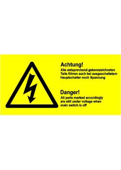Warning sign "Attention! All parts marked parts carry voltage even by switched o