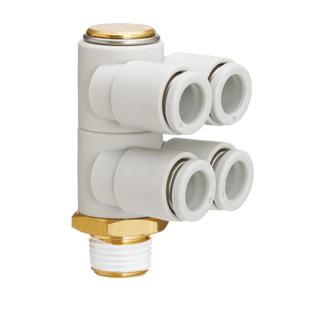 4-vägs hanböj KQ2ZD - mässing/PBT - utan tätning - slangdiameter 4 till 12 mm - utvändig gänga R 1/8" till 1/2" - 5- eller 10-pack - pris per styck