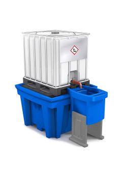 Attachment container for IBC sump trays - height adjustable - with two legs