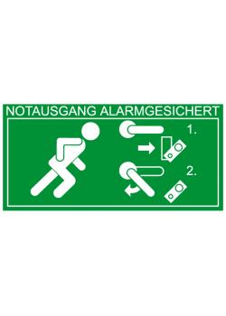 Fluchtwegzeichen "Notausgang alarmgesichert - Entriegelung Türwächter rechts" -