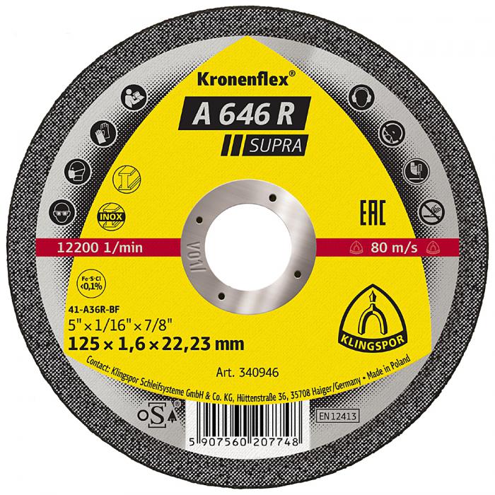 Cutting disc A 646 R - Diameter 115 to 230 mm - Width 1.6 to 1.9 mm - Bore 22.23 mm