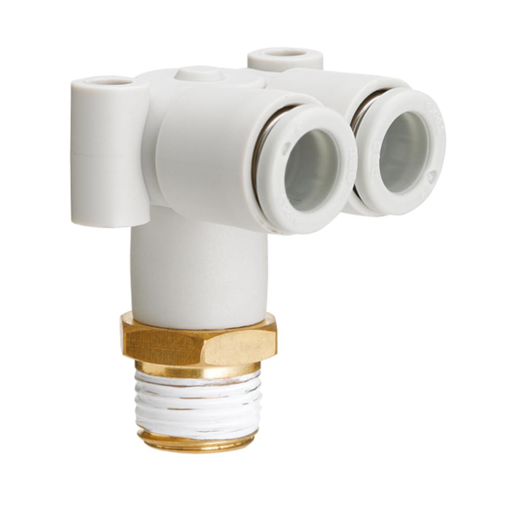 Dobbelt albue KQ2LU - rustfrit stål eller messing/PBT - uden pakning - slangediameter 4 til 12 mm - udvendig gevind R 1/8" til 1/2" - pakke med 2 til 10 stk. - pris pr. stk.