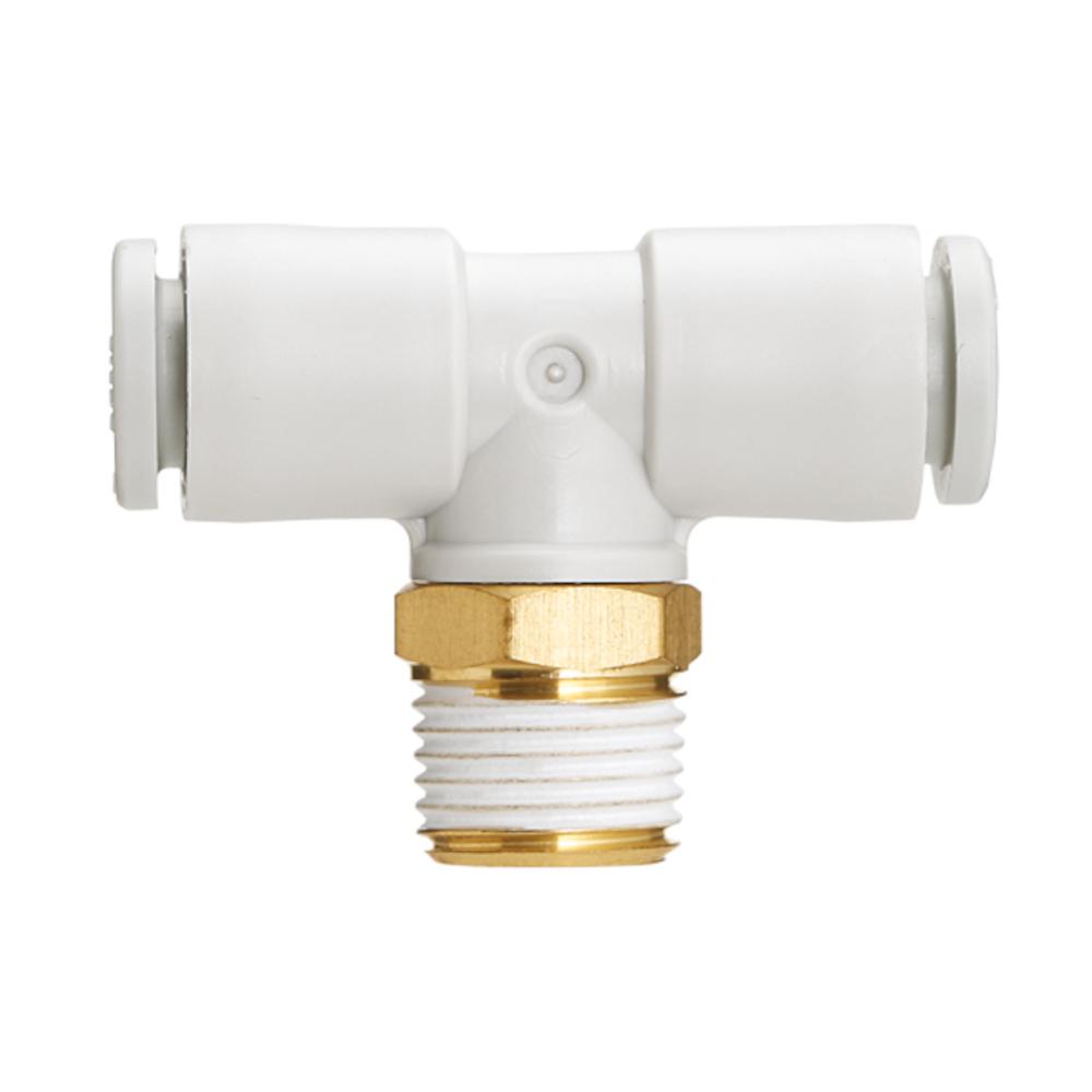 T-stykke KQ2T - rustfrit stål eller messing/PBT - med gevindtætning - oval trykring - slange udvendig diameter 3,2 til 6 mm - udvendig gevind R 1/8" til 3/8" - pakke med 2 eller 10 stk. - pris pr. stk.