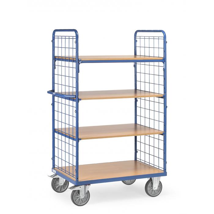 Shelved trolley - 4 shelves made of wood - 2 wire mesh walls