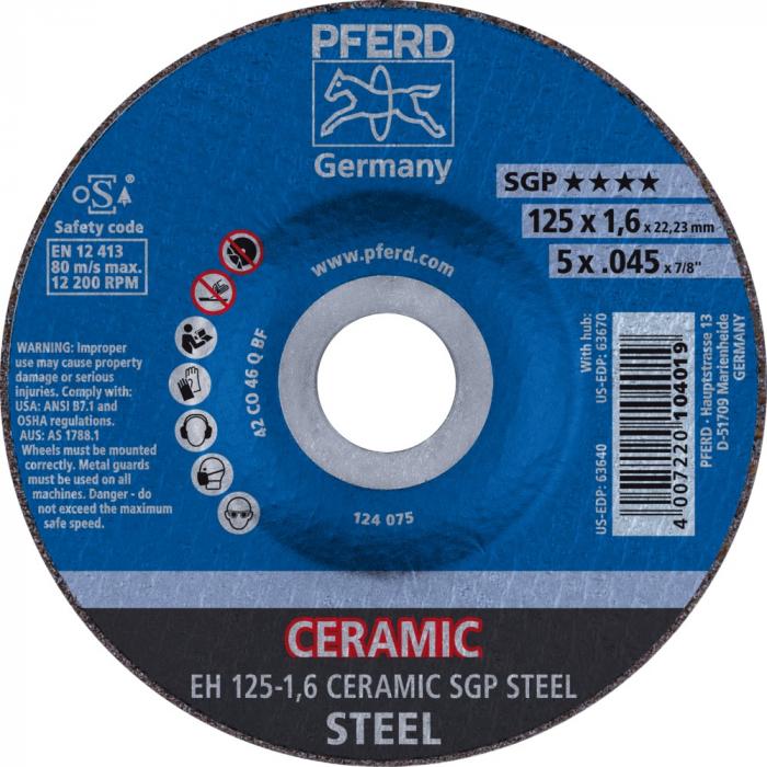 Cutting disc - PFERD - CERAMIC SGP STEEL - cranked version EH - outside Ø 115 and 125 mm - bore Ø 22.23 mm - pack of 25 - price per pack