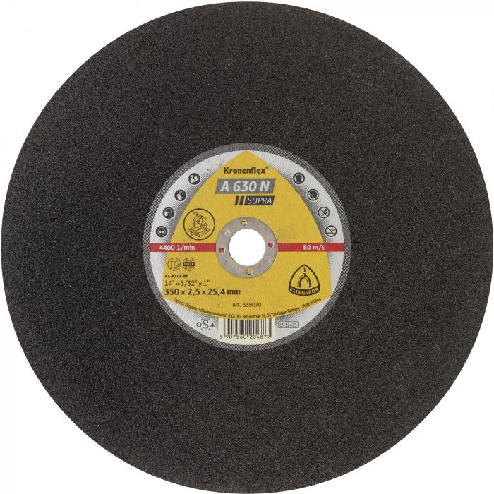 Large cutting disc A 630 N Supra - diameter 300 to 406 mm - width 2.5 or 3.2 mm - bore 25.4 mm - pack of 10 - price per pack