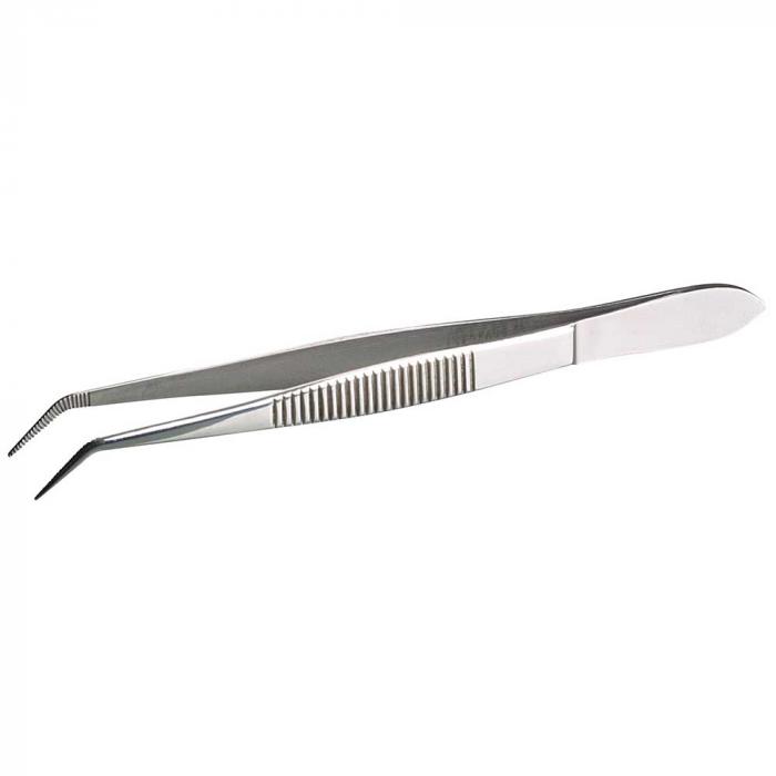 Pincett i rostfritt stål - spetsig - vinklad form - korrugerat handtag - längd 105 mm till 160 mm