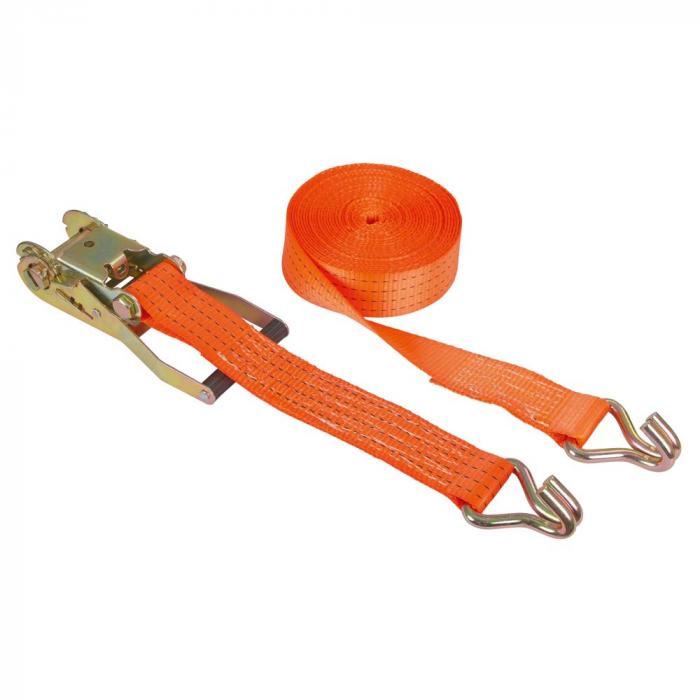 Ratchet lashing strap with pointed hook - polyester fabric - length 6 to 30 m - width 50 mm - various colors
