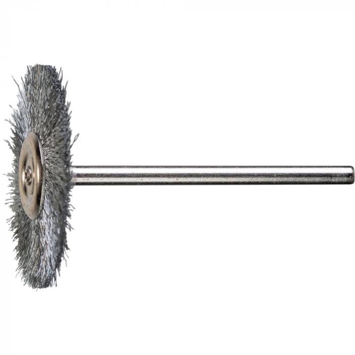 PFERD round brush RBU with shaft - steel wire or INOX - untied - outer-ø 32 mm - trimming material-ø 0.10 mm - shaft-ø 3 mm - pack of 10 - price per pack