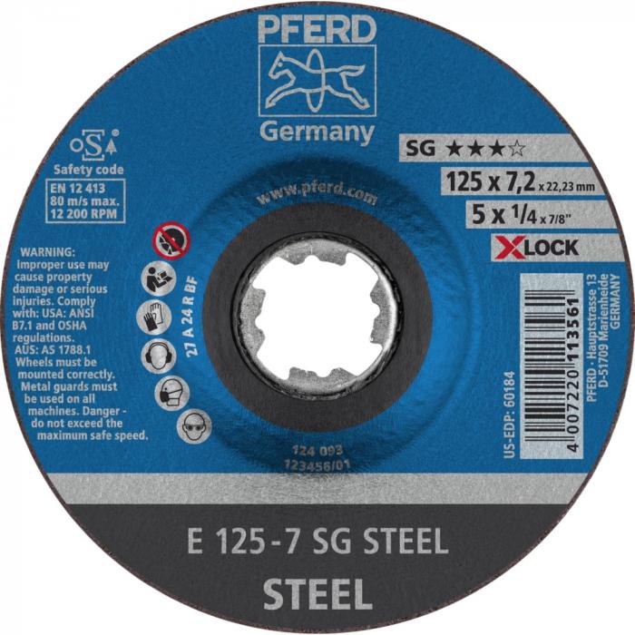 PFERD grinding disc E - SG STEEL / X-LOCK - outside Ø 115 and 125 mm - clamping system X-LOCK (22,23) - PU 10 pieces - Price per PU