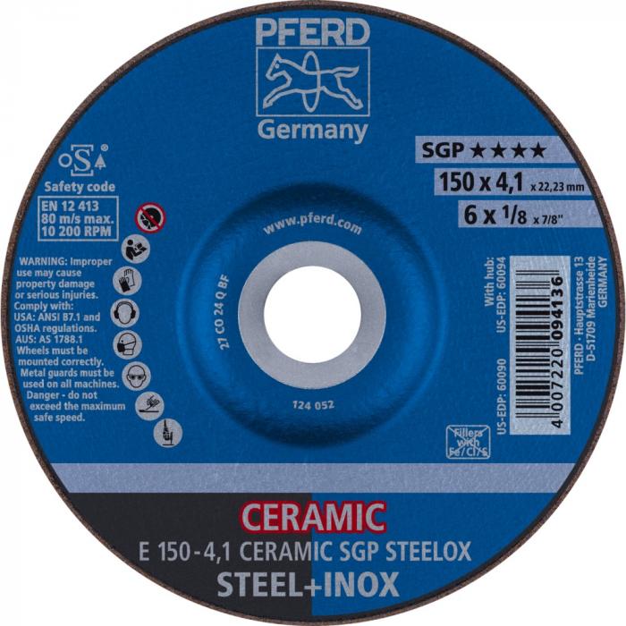 PFERD Schruppscheibe E - CERAMIC SGP STEELOX - Außen-ø 115 bis 230 mm - Bohrungs-ø 22,23 mm - VE 10 Stück - Preis per VE