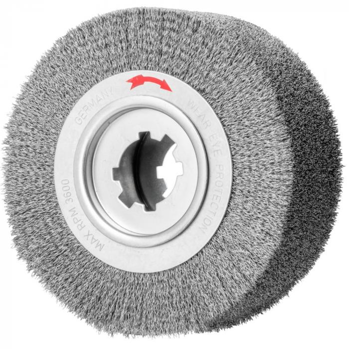 PFERD-pyöreä harja RBU - kiertymätön - teräslanka - ulko-ø 250 mm - leikkausleveys 80 ja 100 mm - poraus ø 50,8 mm - koristemateriaali-ø 0,35 ja 0,50 mm