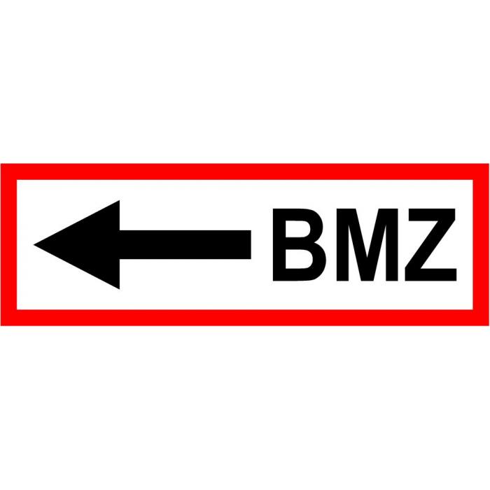 Brandsäkerhetsskylt - "BMZ + pil vänster" - 5x15 / 10x30 eller 20x60 cm
