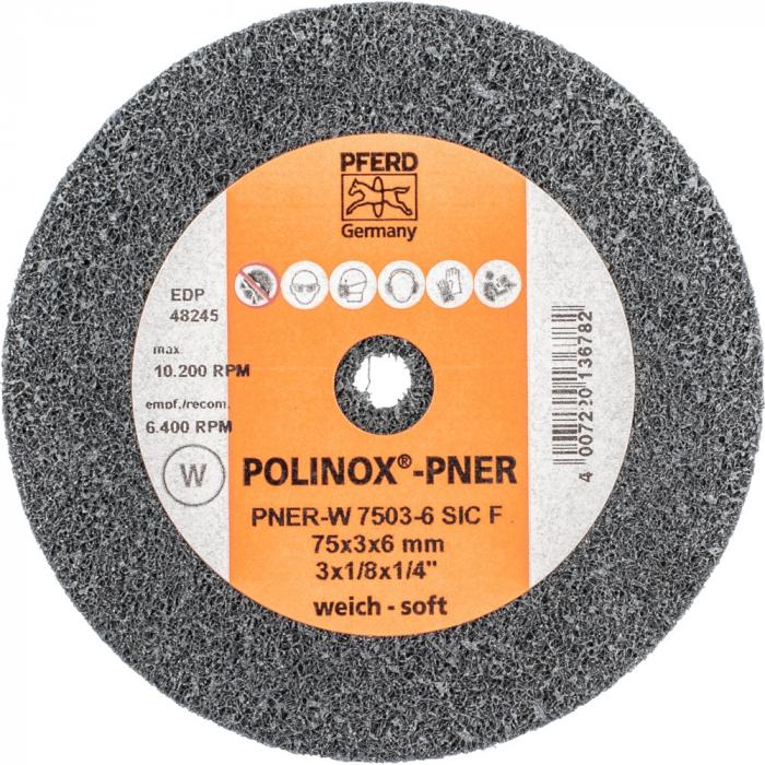 PFERD POLINOX kompakt slibehjul PNER - korund / siliciumkarbid - ydre ø 75 mm - boring ø 6 mm - kornstørrelse grov til fin - design blød til hård - pakke med 10 - pris pr. Pakke