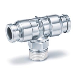 Złącze wtykowe T KQB2T – mosiądz/stal nierdzewna – zgodne z FDA – zewnętrzna średnica węża 3,2 do 16 mm – AG R 1/8" do 1/2" – cena za sztukę