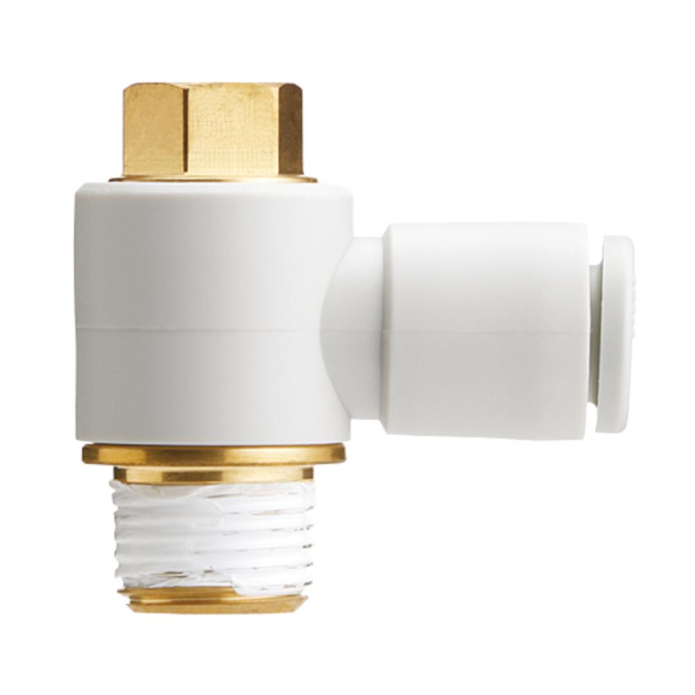 KQ2V albue - rustfrit stål eller messing/PBT - med gevindtætning - slangediameter 4 til 16 mm - udvendig gevind R 1/8" til 1/2" - pakke med 2 til 10 stk. - pris pr. stk.