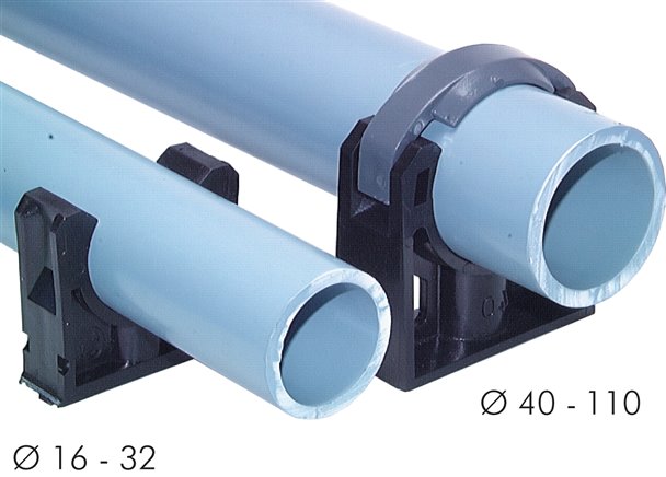 Support de tuyau - en plastique PP - avec trou de fixation - Ø du tube 20 à 110 mm - hauteur 22 à 85 mm - prix à la pièce