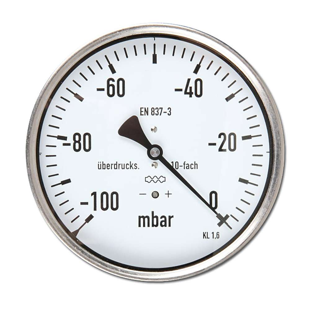 Kapselfeder Manometer von -600 bis 600 mbar Klasse 1,6 - Edelstahl - waagerecht