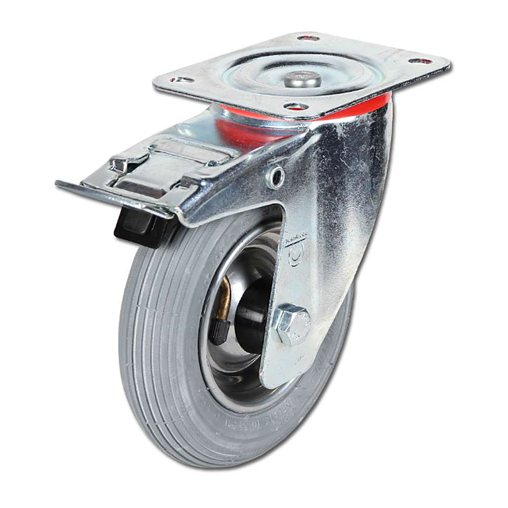Transporthjul med lås - styrbar - med platta - däck - fälgar i stålplåt
